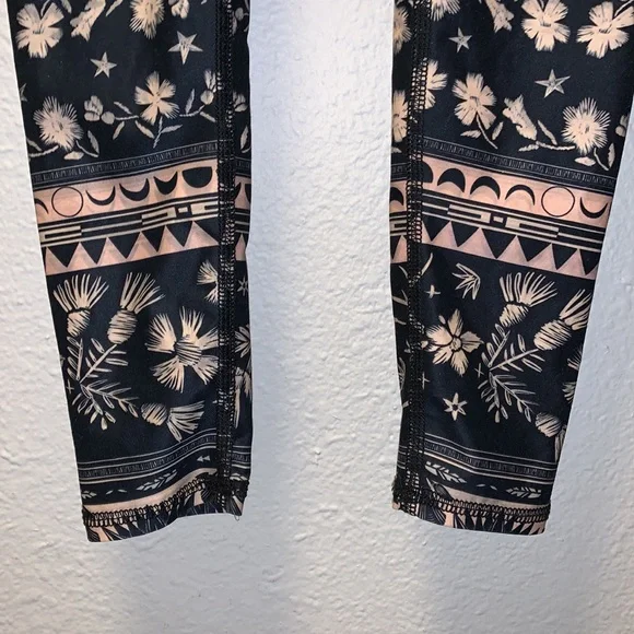 Rare Teeki leggings full length navy tan floral moon star antlers nature boho XS